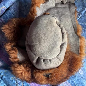 May include: A gray suede hat with a brown fur trim. The hat is round with a folded brim and a soft texture. The fur trim is a warm brown color and adds a cozy look.