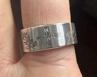 Compass and Vines Sterling Silver 8mm Wide Band Ring