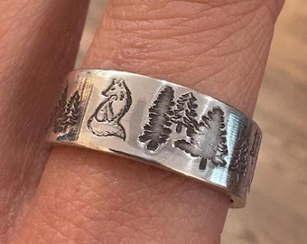 Fox in Forest Hand Stamped 8mm Wide Band Ring