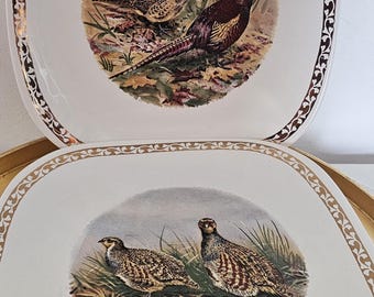 Juego de 6 platos vintage Longchamp con escena de caza de aves, vajilla de estilo campestre francés.