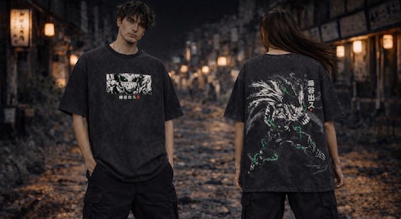 Oversized Graphic T-Shirt with Cargo Pants Set, Vintage Washed Streetwear Outfit, Unisex Loose Fit Clothing, Eco-friendly anime