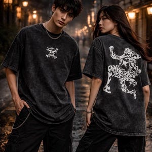 Oversized Graphic T-Shirt with Cargo Pants Set, Vintage Washed Streetwear Outfit, Unisex Loose Fit Clothing, Eco-friendly anime