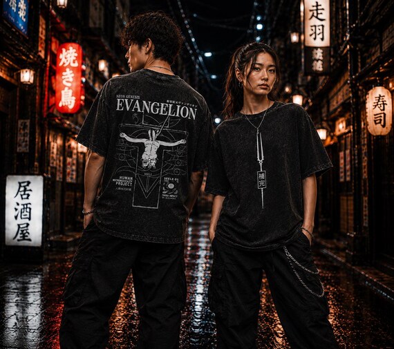 Oversized Graphic T-Shirt with Cargo Pants Set, Vintage Washed Streetwear Outfit, Unisex Loose Fit Clothing, Eco-friendly anime