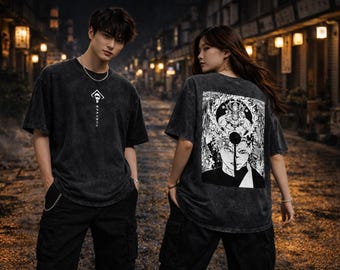 Oversized Graphic T-Shirt with Cargo Pants Set, Vintage Washed Streetwear Outfit, Unisex Loose Fit Clothing, Eco-friendly anime