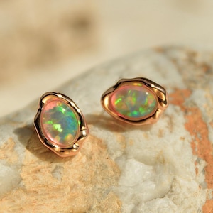 Rose Gold Fire Opal Stud Earrings, 18K Gold plated Jewellery, October Birthstone