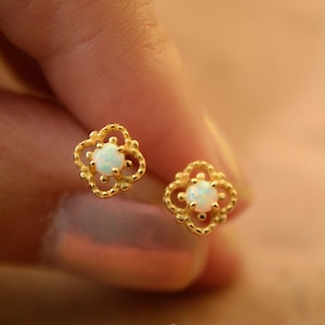 Dainty Opal Stud Earrings | Minimalist Gemstone Jewelry | Tiny Gold Opal Earrings stud | Everyday Gift for Her | Small Studs | gift for wife