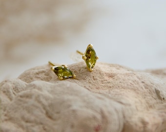 Tiny Peridot Earrings: 14K Gold Vermeil Marquise Studs, August Birthstone Jewelry, Minimalist Gift for Her