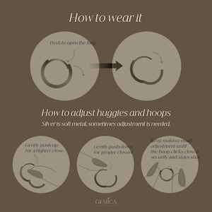 May include: Diagram illustrating how to wear and adjust huggie earrings. The image shows steps for opening, closing, and adjusting the earrings. Text includes "How to wear it" and "How to adjust huggies and hoops". The brand name "GEMICA" is at the bottom.