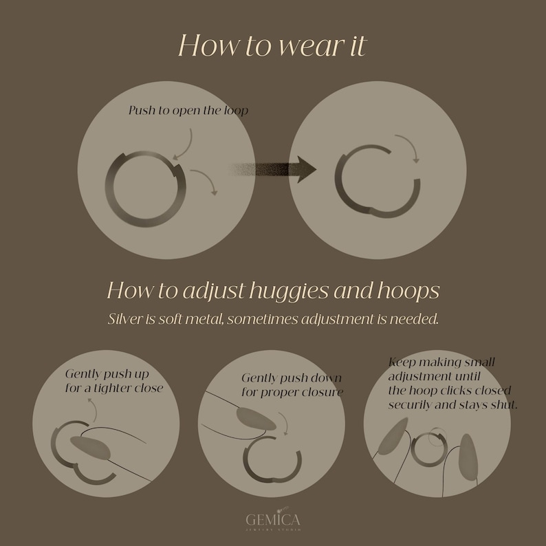 May include: Diagram illustrating how to wear and adjust huggie earrings. The image shows steps for opening, closing, and adjusting the earrings. Text includes "How to wear it" and "How to adjust huggies and hoops". The brand name "GEMICA" is at the bottom.