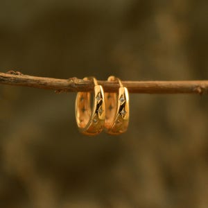 May include: A pair of gold hoop earrings with star-shaped accents. The earrings are suspended from a thin, brown branch against a blurred, neutral background. The earrings have a polished finish and are designed with small, embedded gemstones.