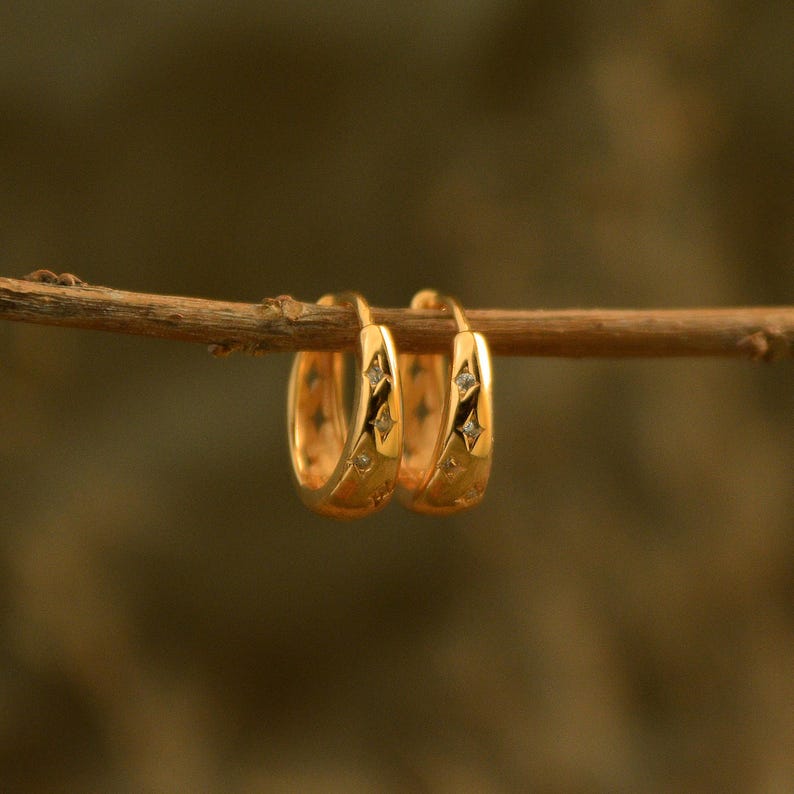 May include: A pair of gold hoop earrings with star-shaped accents. The earrings are suspended from a thin, brown branch against a blurred, neutral background. The earrings have a polished finish and are designed with small, embedded gemstones.