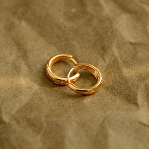 May include: Two gold-colored hoop earrings. The earrings are round with a smooth, polished finish. They are resting on a textured, brown surface. The earrings are a classic jewelry item.