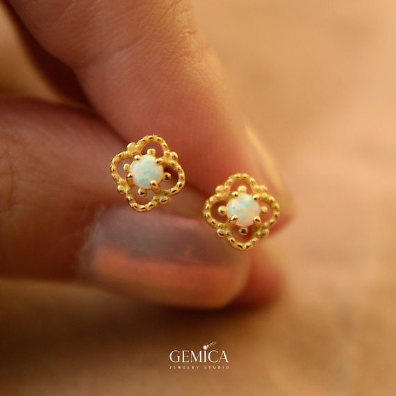 Dainty Opal Stud Earrings: 14K Gold Vermeil, Minimalist Gemstone Earrings studs