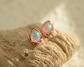 Rose Gold Fire Opal Stud Earrings, 18K Gold Jewellery, October Birthstone