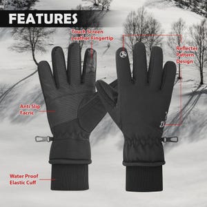 May include: Black winter gloves with the word "FEATURES" at the top. The gloves have a touch screen leather fingertip, anti-slip fabric, and a water-proof elastic cuff. The gloves also have a reflective pattern design.