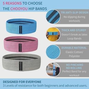 May include: Three hip resistance bands in blue, pink, and grey. The bands have the text "WESTWOOD FOX" on them. The image also includes text that says "5 REASONS TO CHOOSE THE CHOOYOU HIP BANDS" and "DESIGNED FOR EVERYONE".