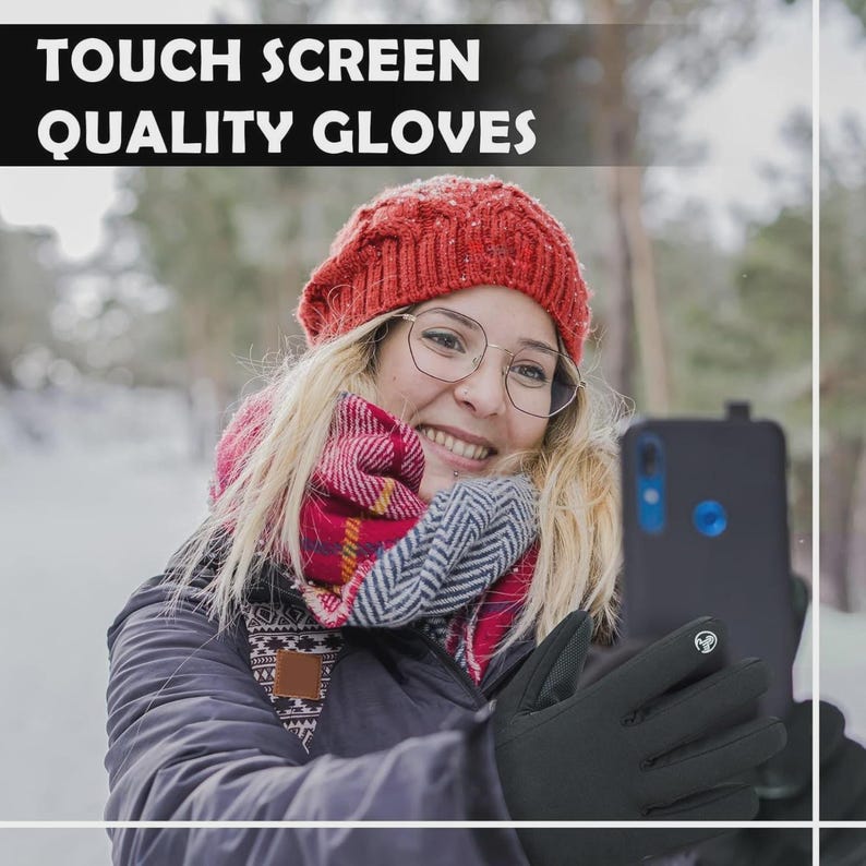May include: Black touch screen gloves with a white logo on the palm. The gloves are being used to operate a smartphone. The image also shows a person wearing a red hat, glasses, and a scarf. The text "TOUCH SCREEN QUALITY GLOVES" is at the top.
