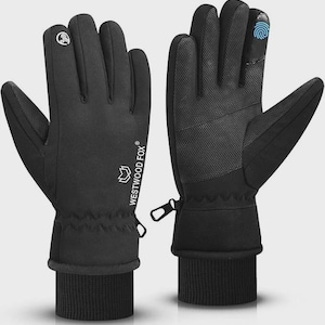 May include: Black gloves with a textured palm and fingertip design. The gloves have a ribbed cuff and a zipper detail. The brand name "WESTWOOD FOX" is printed on the side. The gloves are designed for touchscreen use.