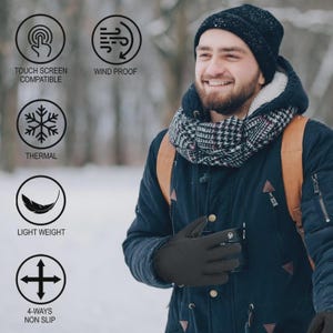 May include: Black gloves with touch screen compatibility, windproof, thermal, lightweight, and 4-way non-slip features. The gloves are worn by a person in a winter setting, with icons indicating the gloves' features.