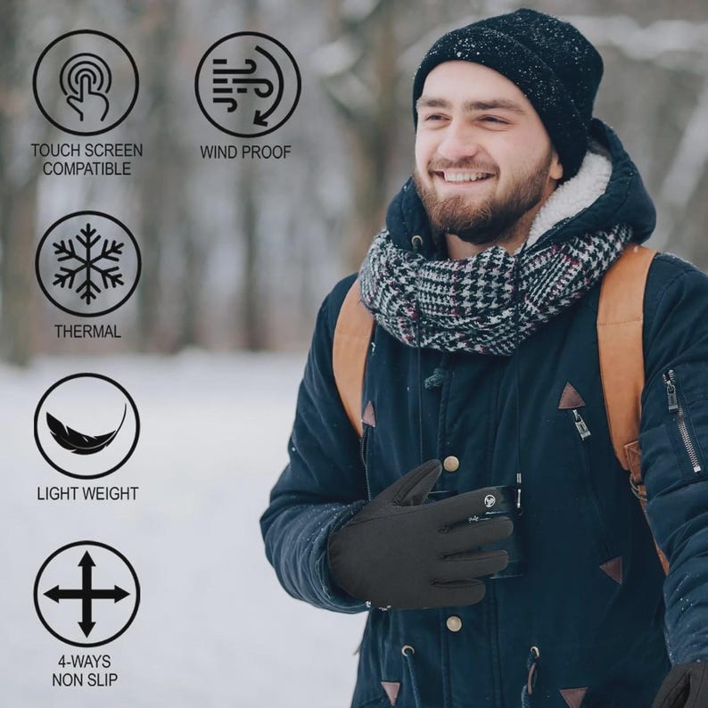 May include: Black gloves with touch screen compatibility, windproof, thermal, lightweight, and 4-way non-slip features. The gloves are worn by a person in a winter setting, with icons indicating the gloves' features.