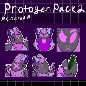 May include: A digital art piece titled "Protogen Pack 2 Colored" featuring six stylized illustrations of a robotic character with pink and gray accents. The character has various expressions and poses, set against a purple grid background.