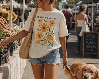 Black Eyed Susan Cotton T-Shirt, Botanical Floral Art, Nature Lover Gift