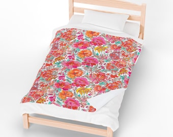 Vibrant Watercolor Floral Velveteen Plush Throw Blanket | Pink Orange Cottagecore Garden Decor