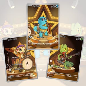 Peut inclure: Trois cartes Pokémon représentant des performances musicales. Carapuce joue du saxophone, Ouisticram de la batterie et Arcko de la guitare. Chaque carte a un fond en forme d'étoile et une scène.
