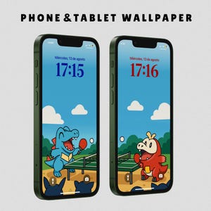 Puede incluir: Dos smartphones con fundas verdes que muestran un fondo de pantalla de dibujos animados. El fondo de pantalla presenta un cielo azul con nubes blancas, un paisaje verde y dinosaurios de dibujos animados jugando al tenis de mesa. La hora se muestra como 17:15 y 17:16.
