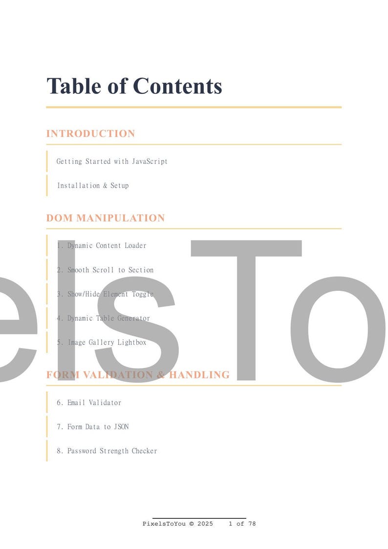 May include: A digital document titled "Table of Contents" with a white background. The document lists topics including JavaScript, DOM Manipulation, and Form Validation. The text is in a dark font with yellow horizontal lines separating sections.
