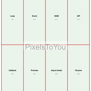 May include: An infographic with a grid layout, featuring the words "Loop," "Event," "DOM," and "API" in the top row, and "Callback," "Promise," "Async/Await," and "Closure" in the bottom row. Each word is in a separate box.