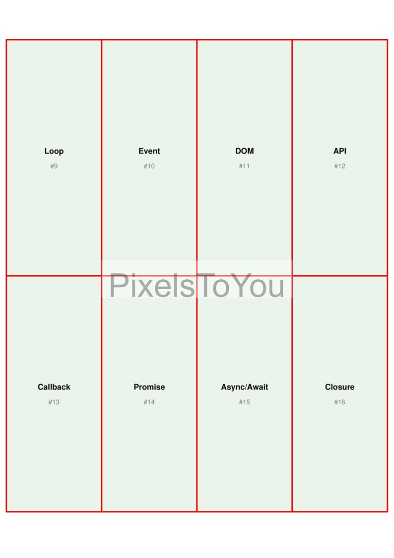 May include: An infographic with a grid layout, featuring the words "Loop," "Event," "DOM," and "API" in the top row, and "Callback," "Promise," "Async/Await," and "Closure" in the bottom row. Each word is in a separate box.