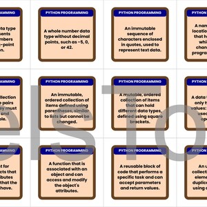 May include: A set of flashcards with definitions related to Python programming. Each card has a tan background with a blue border and the words "PYTHON PROGRAMMING" at the top. The cards define data types, functions, and other programming concepts.