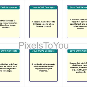 Op de afbeelding: Zes flashcards met de tekst "Java OOPS Concepts". Elke kaart bevat een definitie met betrekking tot Java-programmering, zoals "Een methode die wordt aangeroepen om resources op te schonen wanneer een object niet langer nodig is."