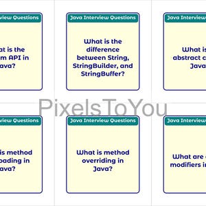 K&ouml;nnte beinhalten: Sechs Karteikarten mit Java-Interviewfragen. Jede Karte hat einen hellgelben Hintergrund mit blauem Rand und dem Text "Java Interview Questions" oben. Zu den Fragen geh&ouml;ren: "Was ist die Stream-API in Java?" und "Was ist der Unterschied zwischen String, StringBuilder und StringBuffer?"