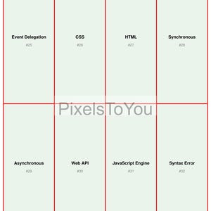 May include: An image featuring a grid with eight sections, each containing a programming term like "Event Delegation," "CSS," and "HTML." The text "Pixels To You" is displayed in the centre.