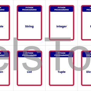 May include: Eight flashcards with a white background and red borders. Each card has the text "PYTHON PROGRAMMING" in a blue banner. The cards display programming terms: Variable, String, Integer, Float, Boolean, List, Tuple, and Dictionary.