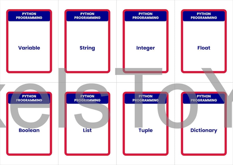 May include: Eight flashcards with a white background and red borders. Each card has the text "PYTHON PROGRAMMING" in a blue banner. The cards display programming terms: Variable, String, Integer, Float, Boolean, List, Tuple, and Dictionary.
