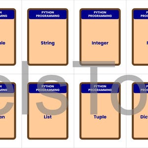 May include: Eight flashcards for Python programming. Each card has a blue header with "Python Programming" and a tan body with a programming term: Variable, String, Integer, Float, Boolean, List, Tuple, and Dictionary.