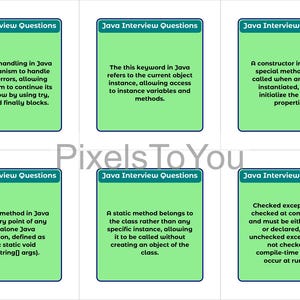 K&ouml;nnte beinhalten: Sechs Karteikarten mit gr&uuml;nen Hintergr&uuml;nden und wei&szlig;em Text, die Java-Interviewfragen erkl&auml;ren. Die Karten haben blaue R&auml;nder und der Text enth&auml;lt Erkl&auml;rungen zur Ausnahmebehandlung, dem Schl&uuml;sselwort 'this', Konstruktoren, der Hauptmethode, statischen Methoden und gepr&uuml;ften Ausnahmen.