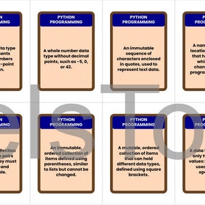 May include: Eight flashcards with the title "PYTHON PROGRAMMING" in a blue banner. Each card has a description of a Python programming concept, including numeric data types, immutable sequences, and mutable collections.