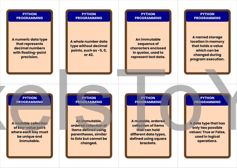May include: Eight flashcards with the title "PYTHON PROGRAMMING" in a blue banner. Each card has a description of a Python programming concept, including numeric data types, immutable sequences, and mutable collections.