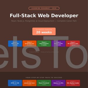 K&ouml;nnte beinhalten: Ein Lern-Roadmap f&uuml;r Full-Stack Web Developer mit React, Node.js, PostgreSQL und Cloud Deployment. Die gesch&auml;tzte Dauer betr&auml;gt 20 Wochen. Die Roadmap ist in 5 Phasen unterteilt, einschlie&szlig;lich HTML & CSS, JavaScript Core.