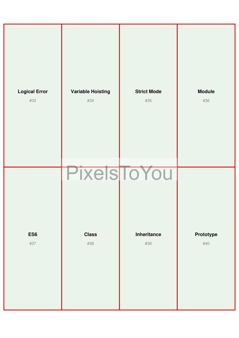 May include: An image divided into eight sections, each with a title and number. Titles include "Logical Error," "Variable Hoisting," "Strict Mode," "Module," "ES6," "Class," "Inheritance," and "Prototype."