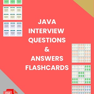 Może przedstawiać: Czerwono-złota grafika z tekstem "JAVA INTERVIEW QUESTIONS & ANSWERS FLASHCARDS". Obraz zawiera kilka zestawów fiszek w różnych kolorach i ikonę PDF. Widoczne są również słowa "4 PRINT OPTIONS".