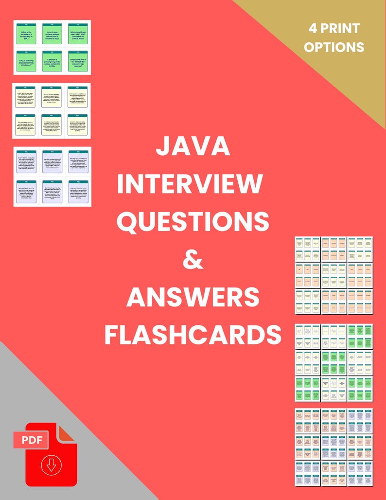 K&ouml;nnte beinhalten: Eine rot-goldene Grafik mit dem Text "JAVA INTERVIEW QUESTIONS & ANSWERS FLASHCARDS". Das Bild enth&auml;lt mehrere Sets von Karteikarten in verschiedenen Farben und ein PDF-Symbol. Die Worte "4 PRINT OPTIONS" sind ebenfalls sichtbar.