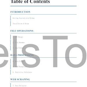 May include: A white document titled "Table of Contents" with blue lines and text. The document lists sections including Introduction, File Operations, Data Processing, and Web Scraping. Each section has sub-items like "CSV Merger" and "Data Extractor".