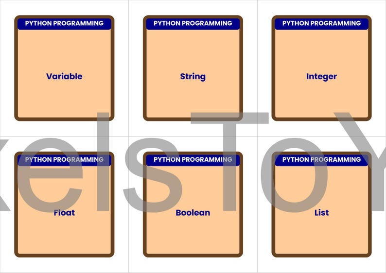 May include: Educational flashcards for Python programming. Each card features a brown border, a tan center, and a blue header that reads "PYTHON PROGRAMMING." The cards display programming terms: Variable, String, Integer, Float, Boolean, and List.