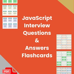 Könnte beinhalten: Ein orangefarbener Hintergrund mit dem Text "JavaScript Interview Questions & Answers Flashcards". Das Bild enthält auch ein PDF-Symbol und mehrere Sets von Karteikarten in verschiedenen Farben mit den Worten "4 Print Options" oben rechts.