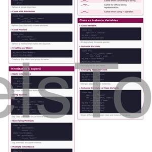 Pu&ograve; includere: Una pagina di una Guida sul campo di Python 3, intitolata "OOP - Classi e Oggetti". La guida presenta esempi di codice e spiegazioni di definizioni di classi, metodi, ereditariet&agrave; e variabili. La pagina &egrave; bianca con testo viola e nero.